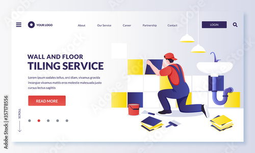 Tiler worker laying multicolor modern tiles on wall. Repairman makes house repair works in bathroom. Vector illustration