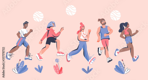 Banner design with marathoners running sportive people characters. Run competition or marathon race poster template. Healthy lifestyle and sports. Flat cartoon vector illustration.