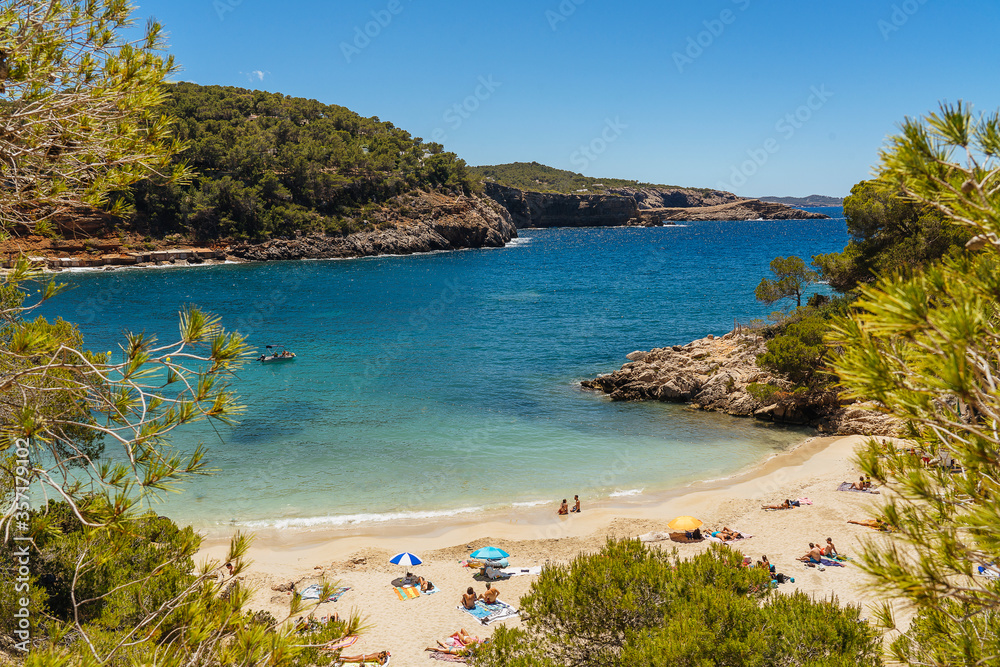 Cala Saladeta turquoise and transparent beach in Ibiza, Spai