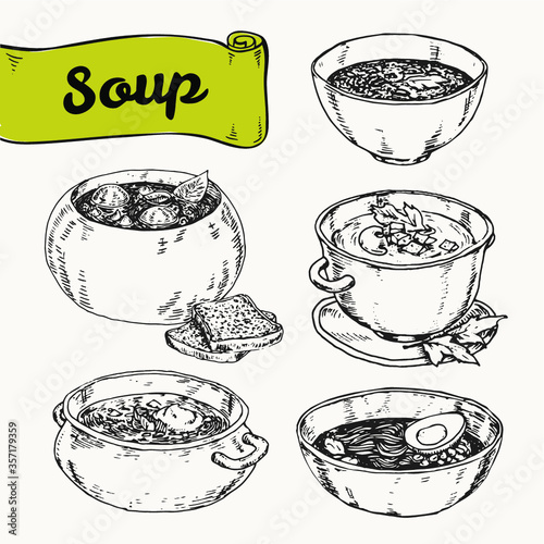 Illustration set of soups of various cuisines of the world. hand drawn vector sketches