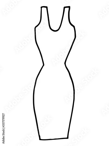 Vector illustration of a women s dress with straps and a tight skirt. Hand drawn doodle with black stroke. Coloring book on the theme of women s clothing, dresses for girls