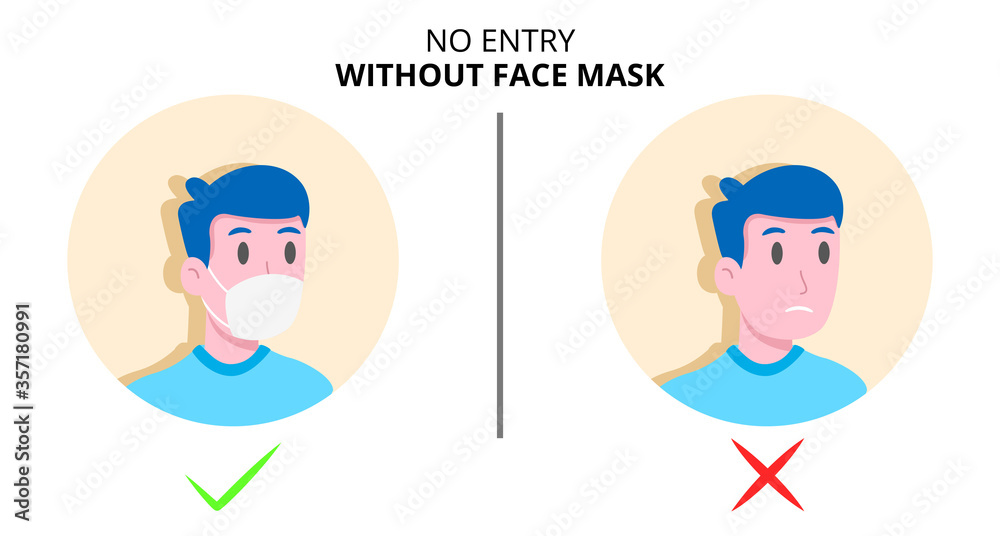 No entry without face mask or wear mask icon. Vector illustration of yes no sign with man wearing or not wearing a mask. No entry without face mask or wear mask icon. Vector illustration of yes no sign with man wearing or not wearing a mask.