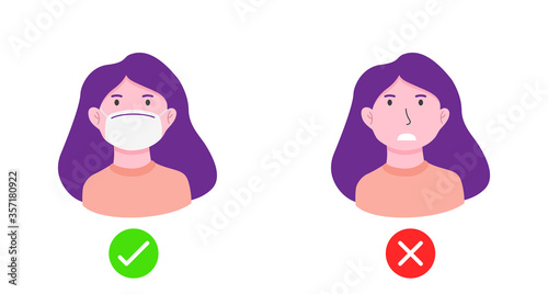 No entry without face mask or wear mask icon. Vector illustration of yes no sign with woman wearing or not wearing a mask.