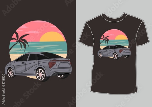 summer t shirt design, classic, vintage, retro cars are on the beach