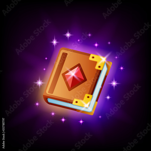 Magic spell book icon ui element for game or mobile app design on dark background. Fairy tale vector icon in cartoon style