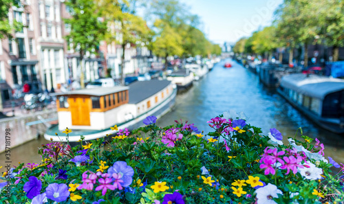 Gracht Canal with flowers in the city of amsterdam photo