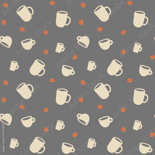 Seamless pattern with coffee beans. roasted coffee is scattered at random. with Beige cups. Best for wrapping paper and child design. Vector illustration on grey background