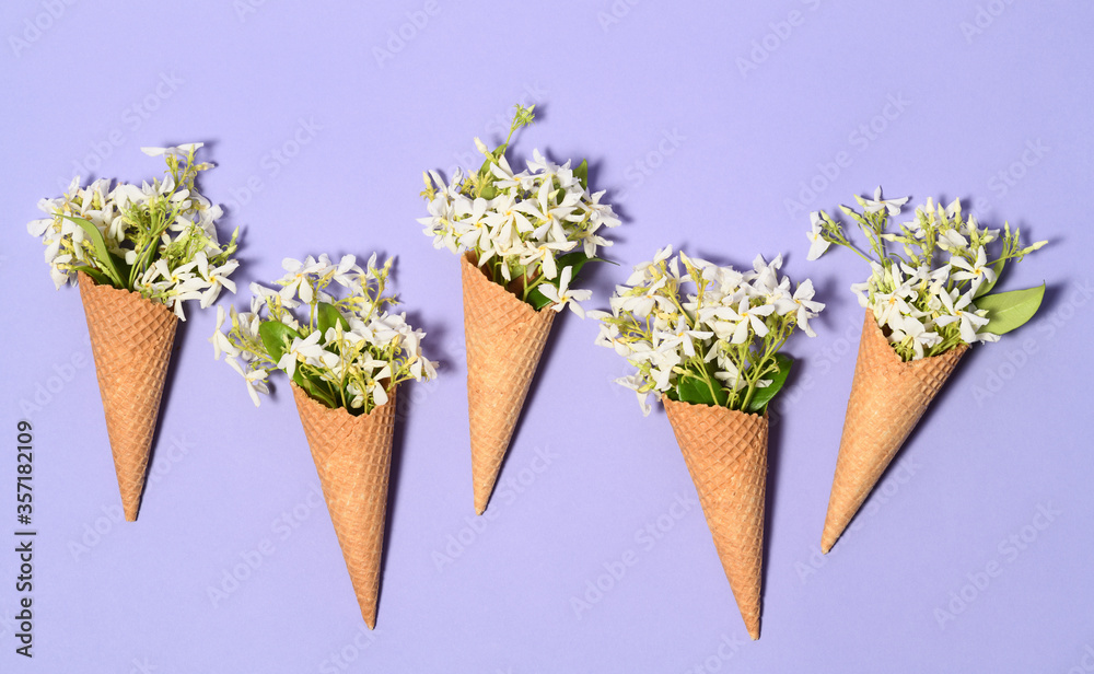 Ice cream cones with jasmine flowers