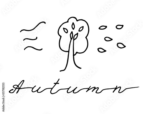 Hand drawn autumn tree with flying leaves. Autumn landscape, falling leaves. Simple doodle vector illustration isolated on white