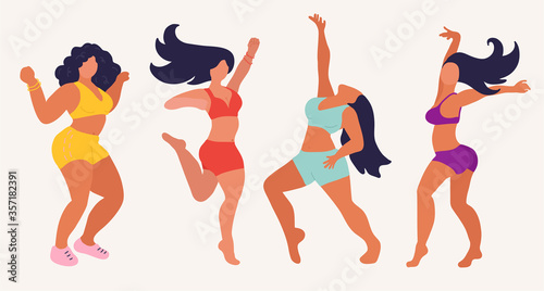 Young women dance. Black hair, purple, red, green and yellow underwear, naked legs. Four free beautiful girls have fun.
