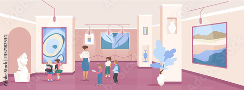 Children on excursion flat color vector illustration