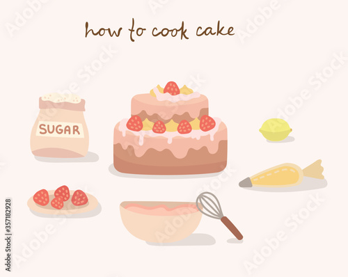 Colorful collection of baking items. How to cook a cake, vector illustration