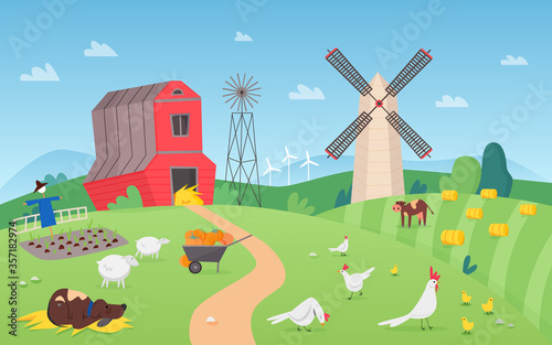 Cartoon farm rural landscape vector illustration. Comic flat summer farmland field with dry haystacks, grazing cute cows sheep, barn house and chicken in village. Countryside nature fantasy background