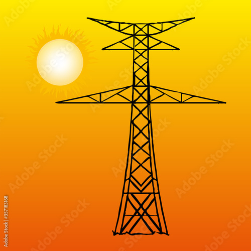 Silhouette of high voltage power lines on orange background. Vector illustration.