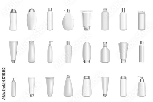 Realistic 3d vector cosmetic Product bottle pack package blank templates mockup of soft white plastic cosmetics containers. Spray bottles  cream  soups  foams  shampoo  dispenser set