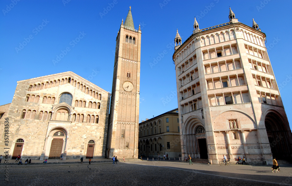 Italy/ Parma – June 30, 2015: Parma is the Italian capital of culture 2020. The baptistery of Parma is located next to the cathedral of Parma, symbols of Romanesque Gothic architecture.