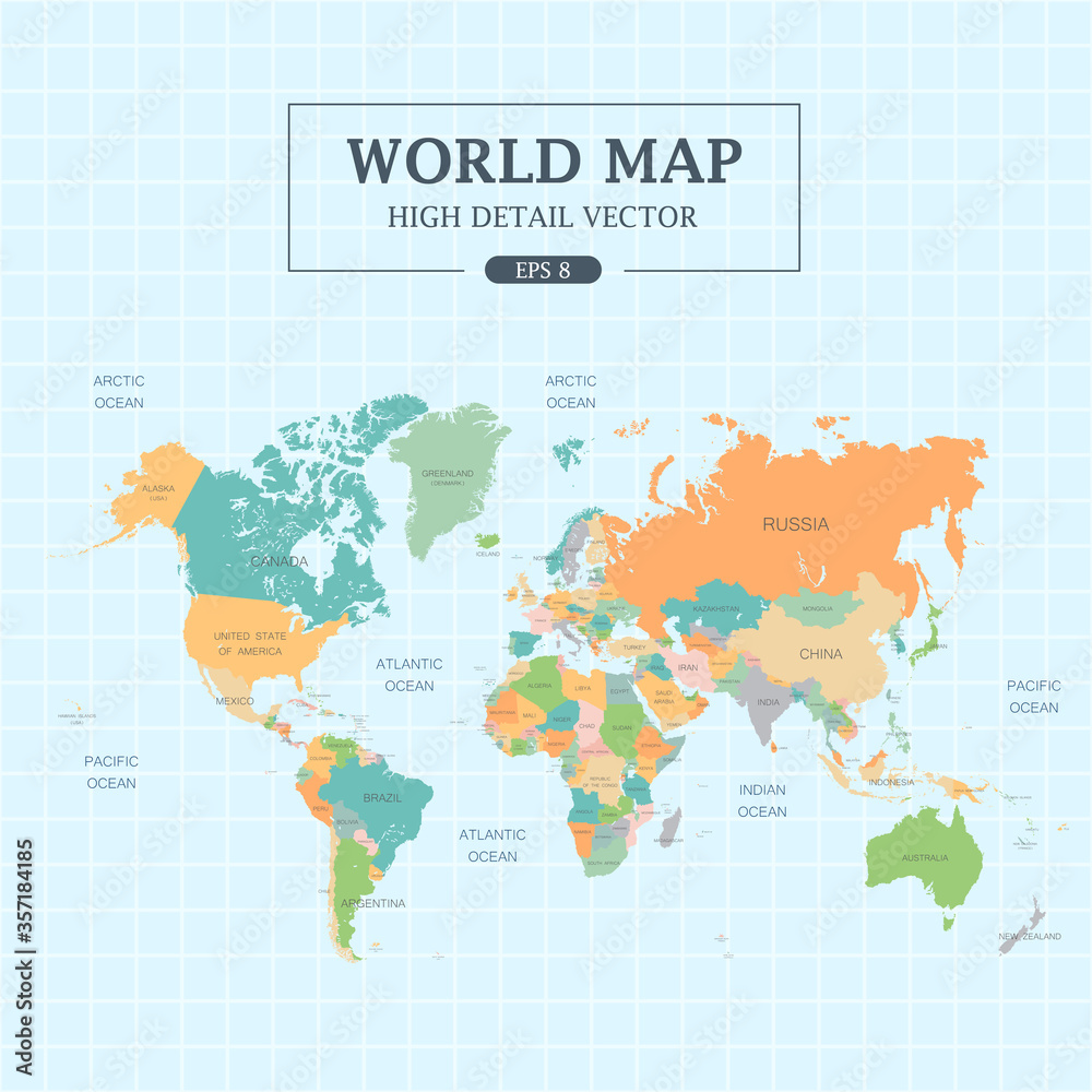 Fototapeta premium World Map Full Color High Detail. Separated all countries. Vector Illustration
