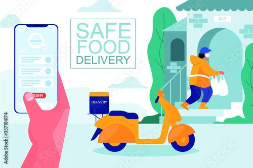 Online safe delivery concept design. Courier on scooter in medical mask and gloves, delivers the package, parcel or food during quarantine. Coronavirus Contact free 24/7 delivery service. Mobile app
