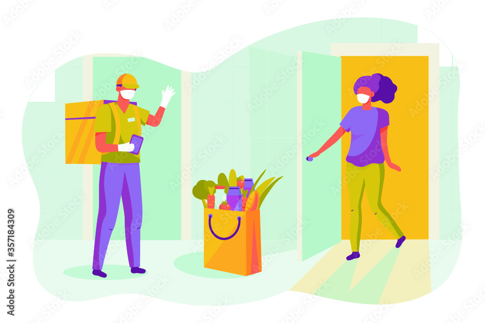 Safe food delivery. Young courier delivering grocery order to the home of customer with mask and gloves during the coronavirus pandemic. Vector cartoon illustration isolated Safe food delivery. Young courier delivering grocery order to the home of customer with mask and gloves during the coronavirus pandemic. Vector cartoon illustration isolated