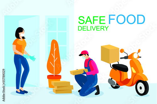 Safe food delivery. Young courier delivering grocery order to the home of customer girl with mask and gloves during the coronavirus pandemic. Cartoon vector illustration.