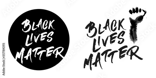 Black lives matter design for protest, rally. Awareness campaign against racial discrimination of dark skin color. Social advertising. Black raised fist handprint with text Black lives matter.