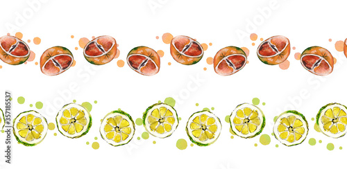 Ruby grapefruit halves and lemon slices with paint splashes, isolated on white. Two seamless watercolour borders. For adhesive tape, textile, cookbook, menu, stationary and packaging design.