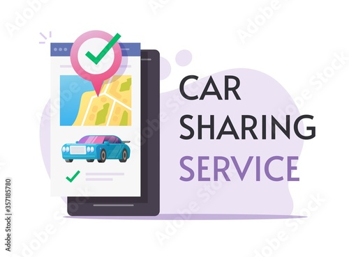Car sharing rental via mobile phone service online banner or carsharing club for automobile rent using smartphone city map pin pointer auto location vector flat, concept of internet taxi cab