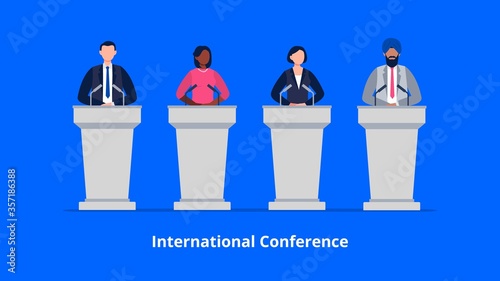 A multicultural group of speakers stands on the tribunes. Politics, debates, or international press conference. Man and woman public speaking concept. Flat vector illustration.