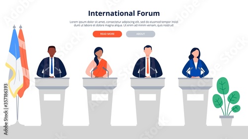 Multiethnic men and women stand on the tribunes. Politics, debates, or international press conference. Public speaking banner template. Flat vector illustration.