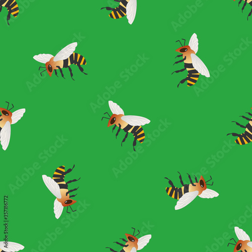 Honey bee vector seamless pattern background. Delicate hand drawn striped flying insect on grass green backdrop. Garden bug illustration repeat. All over print for summer, food, conservation concept.