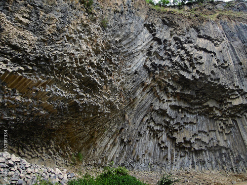 Panoramic view on the massive walls of basalt columns of the gorge Garni, known as the Symphony of Stones, village Garni, Armenia