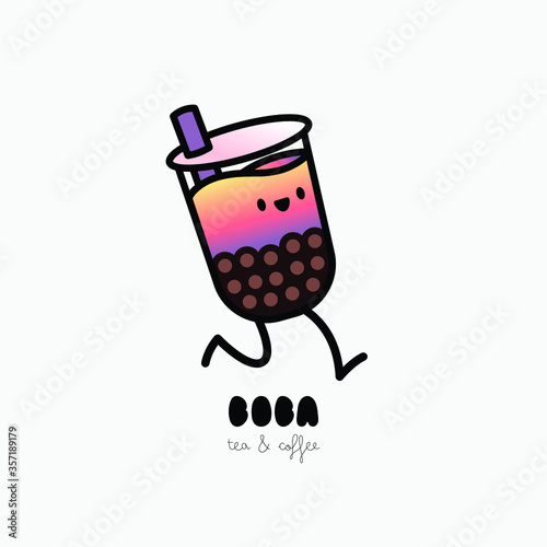 Bubble tea illustration character with delicious tapioca and jelly delivery. Boba tea running character illustration. 