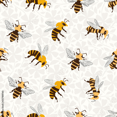 Honey bee vector seamless pattern background. Delicate hand drawn striped flying insect on floral textured backdrop. Garden bug illustration. All over print for summer  food  conservation concept.