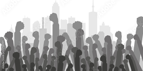 Fist in the air white background, revolution and protest concept, demanding crowd. Flat vector illustration