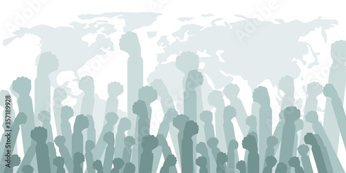 Fist in the air white background, revolution and protest concept, demanding crowd. Flat vector illustration