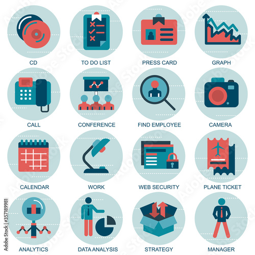 Set vector icons with elements for mobile concepts and web apps. Business and marketing, programming, data management, internet connection, social network, computing, information. Vector