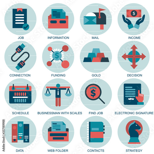 Set vector icons with elements for mobile concepts and web apps. Business and marketing, programming, data management, internet connection, social network, computing, information. Vector