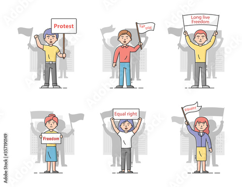 Concept Of Mass Protest Action. Set Of Dissatisfied People With Protest Banners Complaining And Taking Part In Strike. Characters Defend Their Rights. Cartoon Linear Outline Flat Vector Illustration