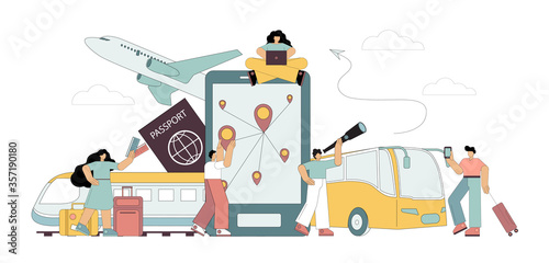 Vector concept of vacation planning with flat people travelers. Travel by various means of transport, on-line booking of tickets.