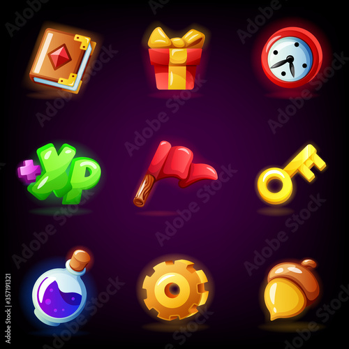 Mobile game icons set isolated on dark background. GUI elements for mobile app, vector illustration pack in cartoon style