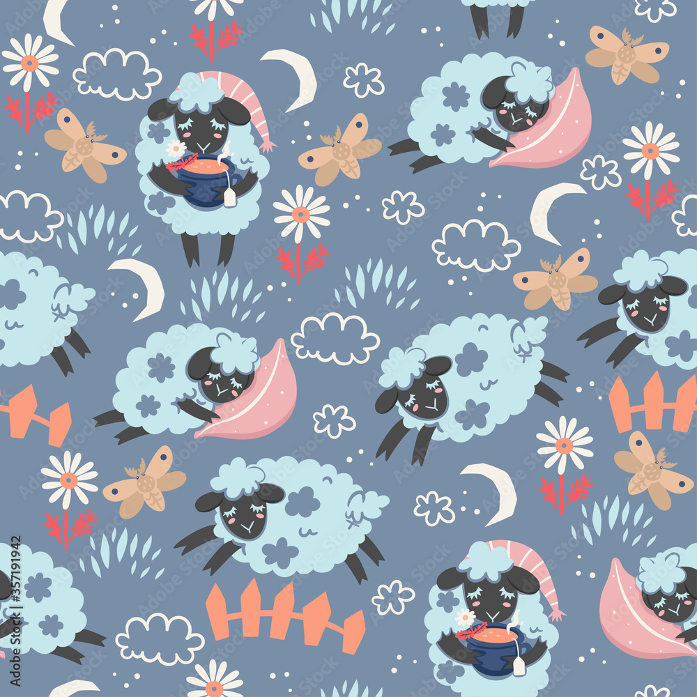 Seamless pattern of cute sleepy lambs. Vector graphics.