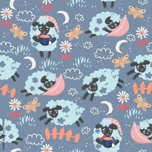 Seamless pattern of cute sleepy lambs. Vector graphics.