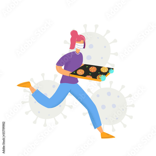 Hurrying pizza delivery girl in medical mask and sterile gloves. Safe and fast home delivery. Healthy delivery concept. Flat vector illustration
