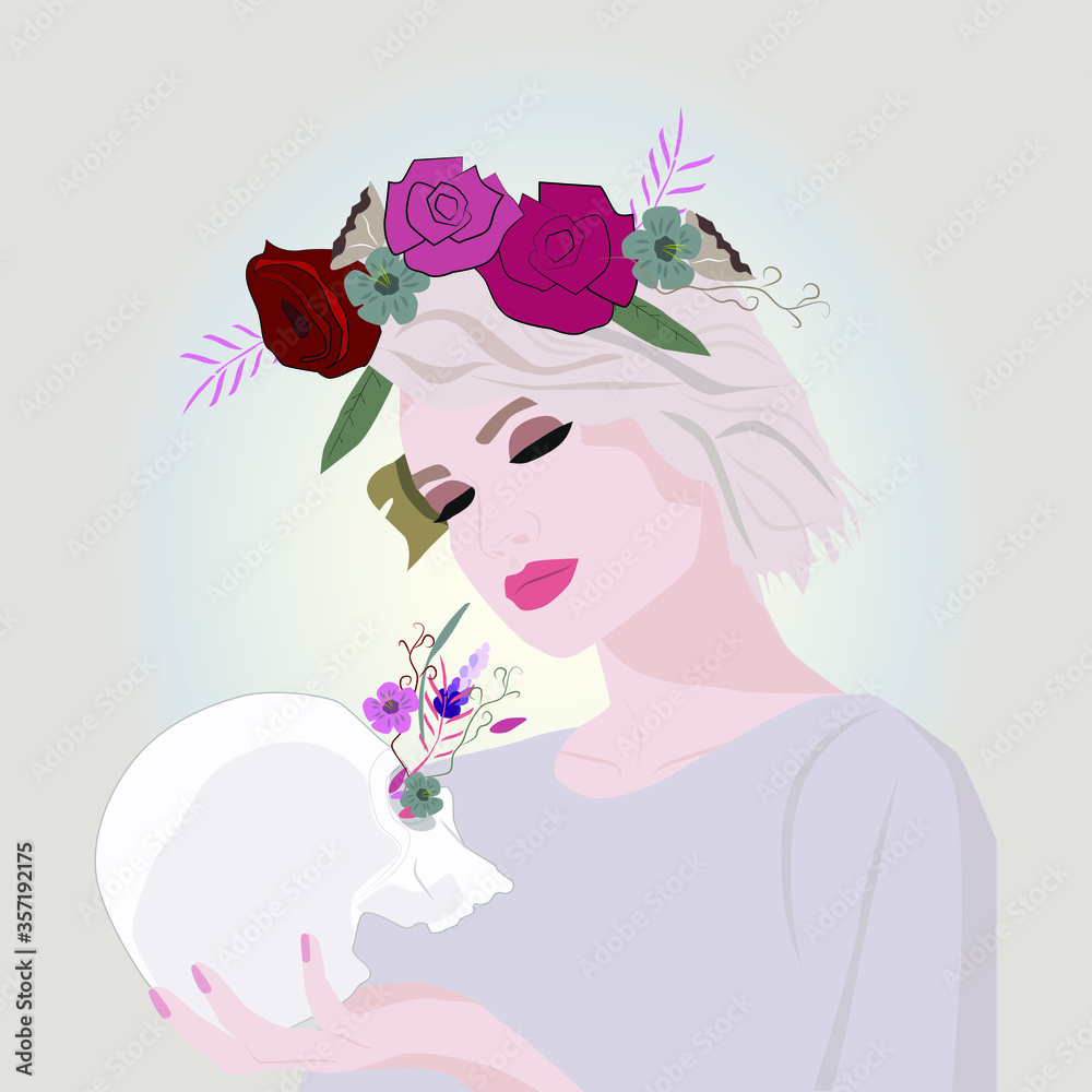vector illustration portrait of blonde girl with flowers and skull