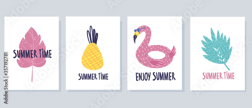 Set of summer cards four pieces. Vector illustration on a white background in cartoon style.