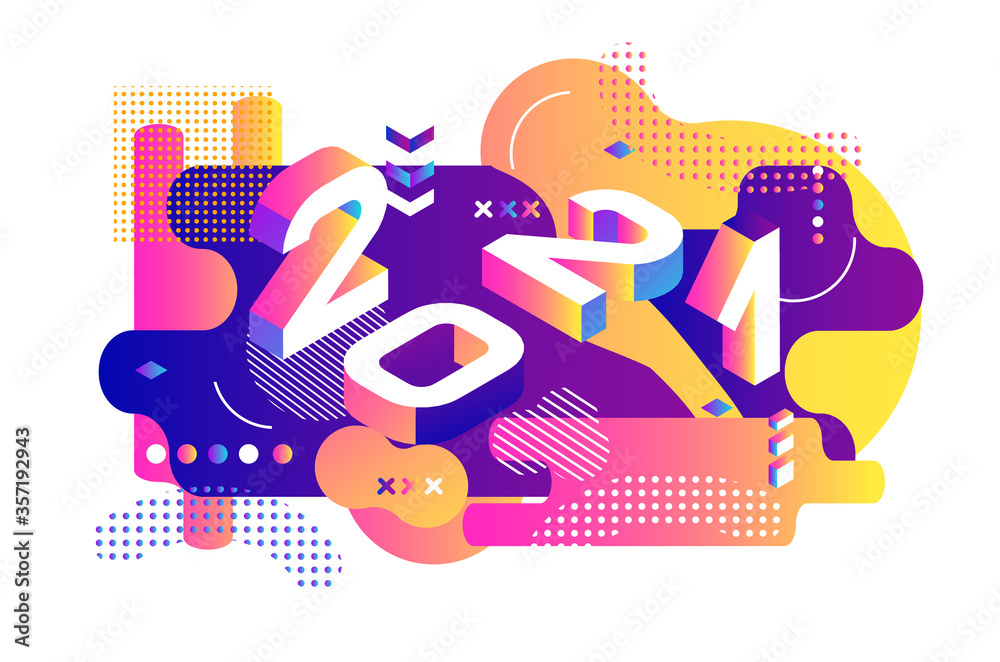 Obraz premium 2021 Colored Memphis style. Banner with 2021 Numbers. Vector New Year illustration
