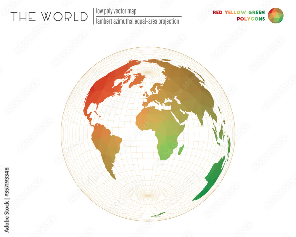 Triangular mesh of the world. Lambert azimuthal equal-area projection of the world. Red, yellow, green colored polygons. Trending vector illustration. Triangular mesh of the world. Lambert azimuthal equal-area projection of the world. Red, yellow, green colored polygons. Trending vector illustration.