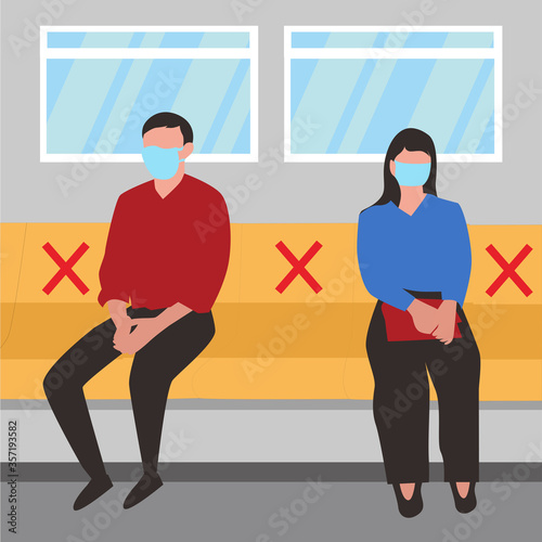 man and woman wearing mask sitting in subway distance for one seat from other people keep distance protect from COVID-19, Social distancing in public transport. vector illustration.