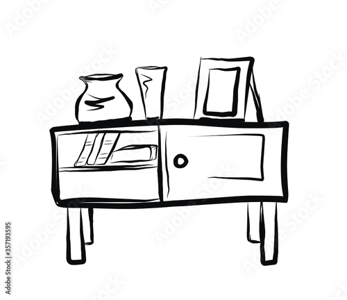 Chest of drawers. Curbstone. Shelf. A little table.Vector picture drawn by hand from a set about home life and comfort. There are many household items and furniture. Doodle style. Isolated drawings.