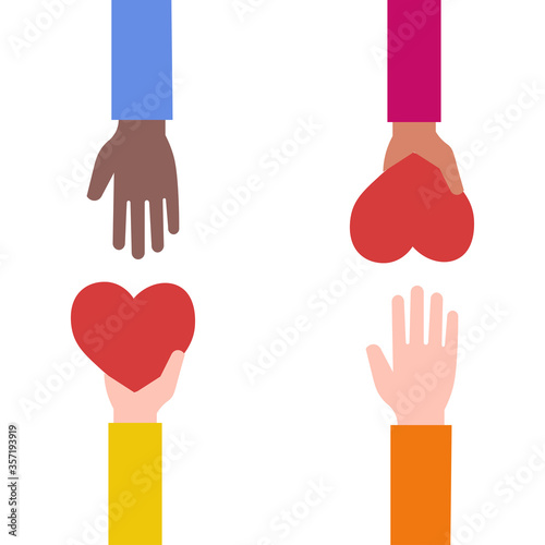 Hand gives heart icon in flat style. Priceless gift symbol. Stop racism. Black lives matter. Vector illustration.